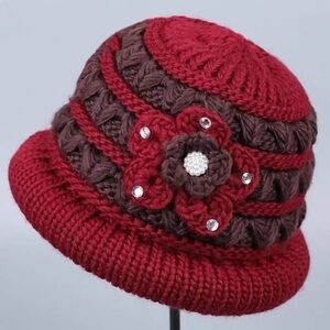 Elegant Red and Brown Knit Hat with Floral Accent